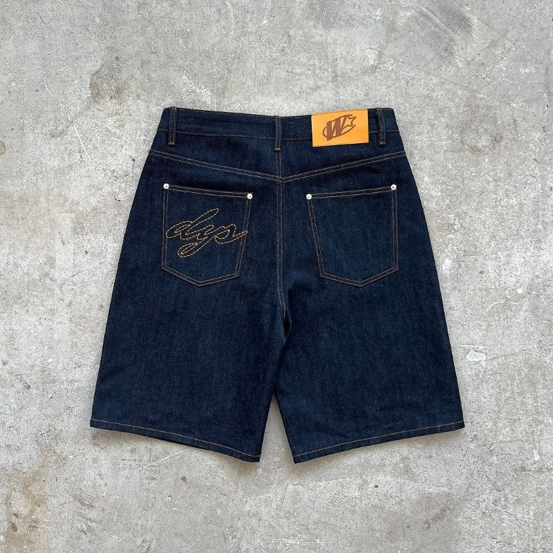 Y2K baggy denim shorts retro embroidered letter striped graphic zipper shorts men women clothing trendy hip hop streetwear