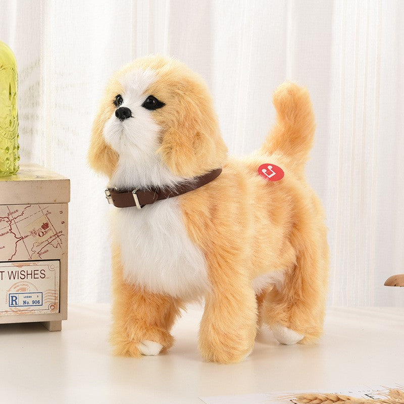 Novo brinquedo de simulação de cachorro elétrico com controle de voz, que anda, acena a cabeça, toca música e é um robô de pelúcia para crianças.