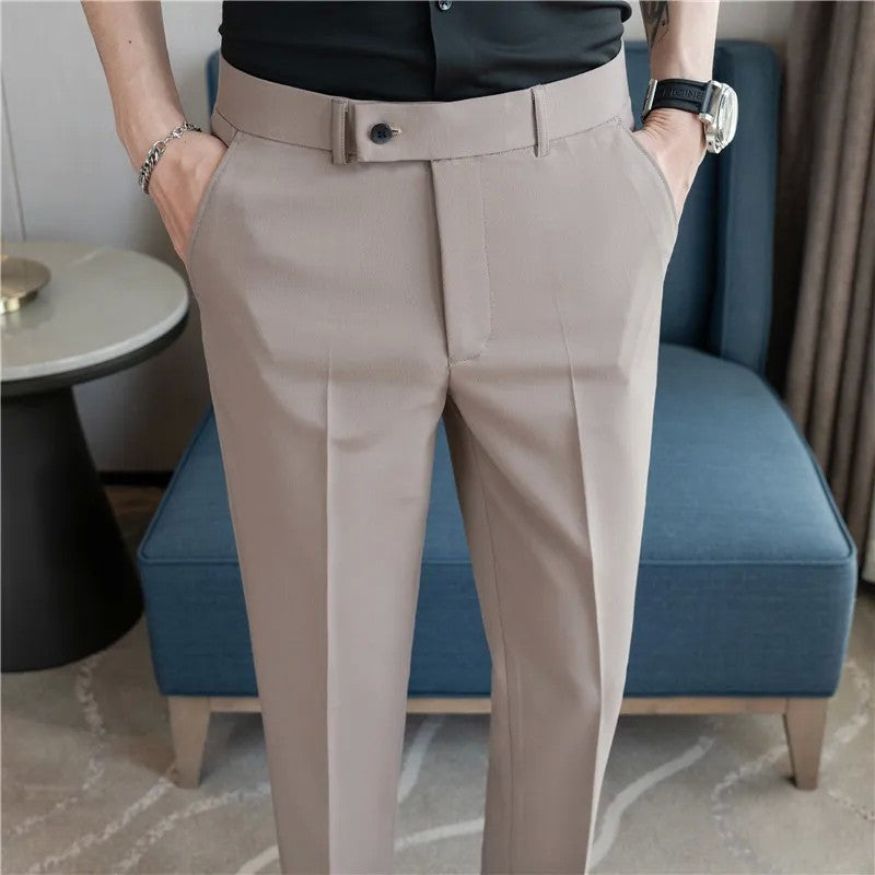 2025 Summer Thin White Elastic Nine Cent Suit Pants for Men,gray Blue Four-side Elastic Comfortable Drape Men's Casual Trousers