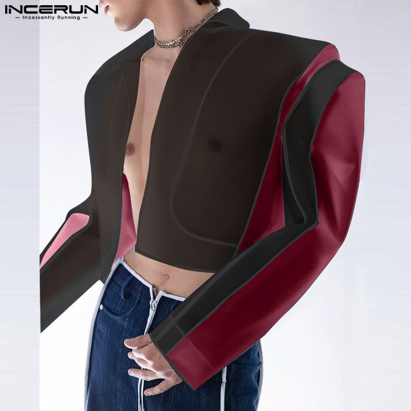 INCERUN Tops American Style Fashion Men Personality Splicing Contrast Color Suit Coat Casual Streetwear Male Long Sleeved Blazer