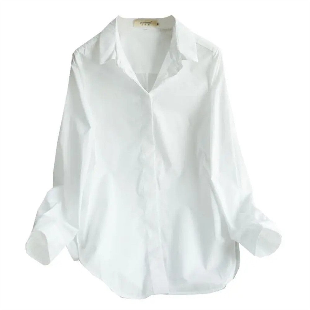 Elastic Cotton White Shirt Women's Spring and Autumn Basic Korean Version Loose Casual Shirt Work Professional Top