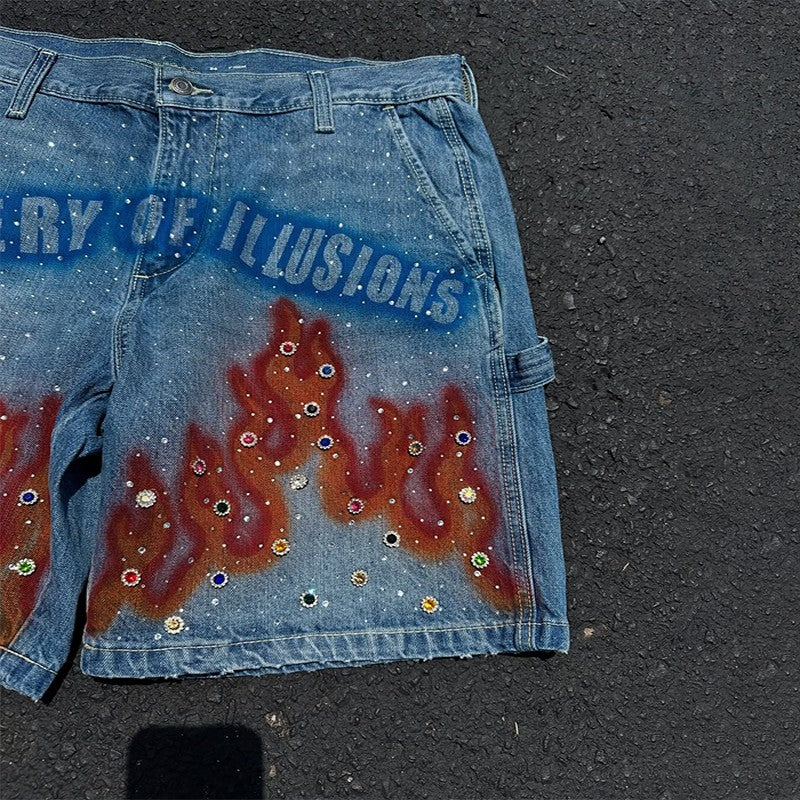 Y2K Fashion Distressed Hand Painted Vibrant Red Flame Pattern Gemstone Decoration Blue Denim Shorts Men Women Casual Streetwear