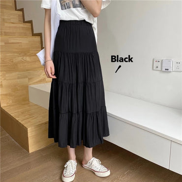 Spring Summer Women Chiffon Skirts Vintage High Waist Elastic Patchwork White Bl