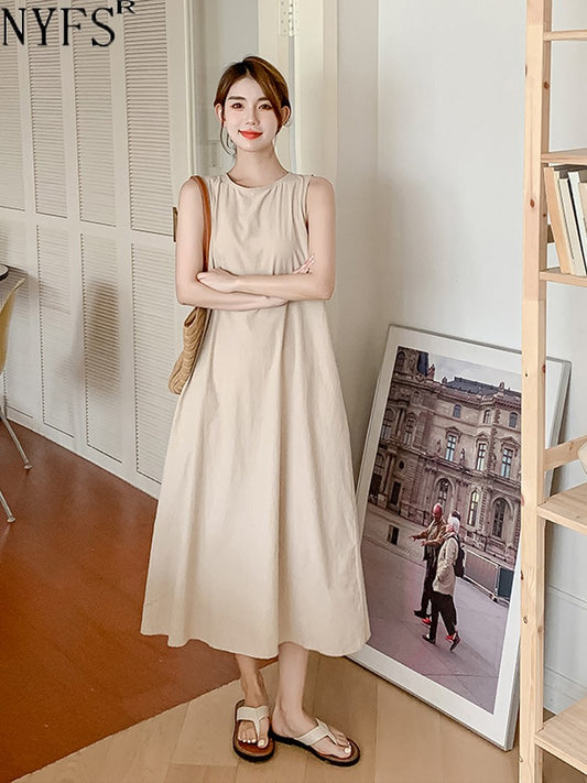 NYFS 2025 Summer New Korea Woman Dress Vestidos Robe Elbise Loose Plus Size Solid Sleeveless Backless Long Dress L-4XL