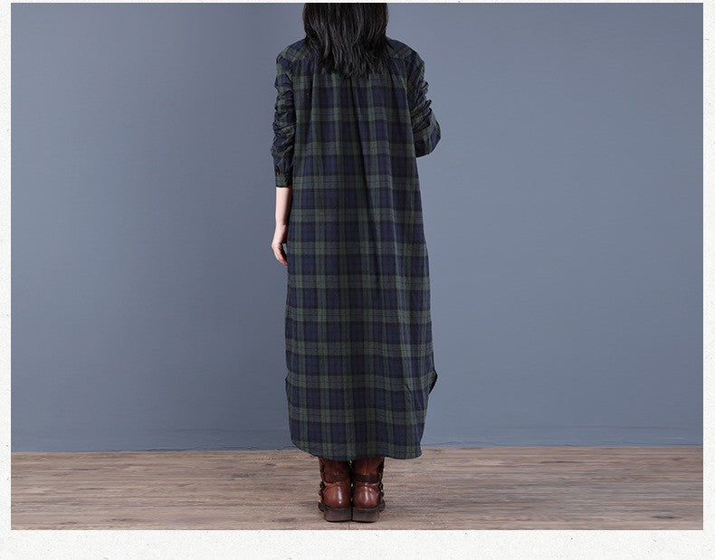 Spring And Autumn New Women's Fashion Loose Splicing Plaid Collar Button Long Sleeve Dress Medium Length Shirt Maxi Dresses 2026