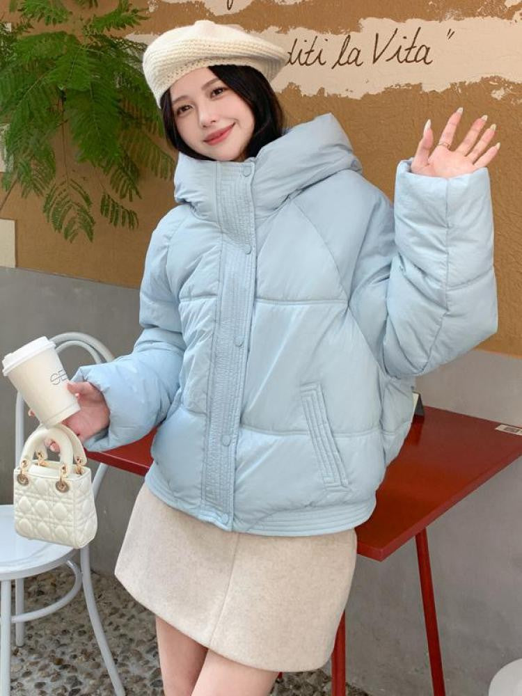 Korean Winter Women Black Beige Hood Zipper Down Jacket Ladies Blue Single Breasted Short Warm Thick Bread Coat Streetwear Trend