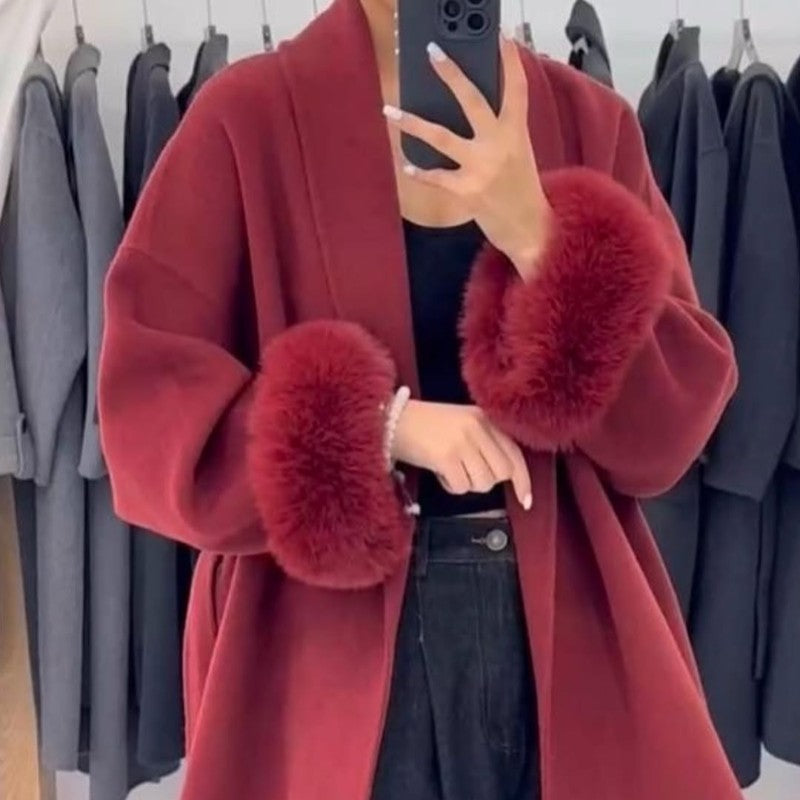 Casacos Curtos de Lã Elegantes com Cadarço Sólido Lapela Solta Cinto Peludo Manga Longa Jaqueta Feminina 2025 Outono Inverno Lady Chique Cardigãs