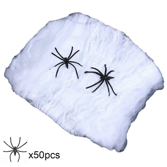 Runtow Luminous Spider Web & 50pcs Black Spider , Halloween Party Decorations,Outdoor Horror Haunted House Decoration Props