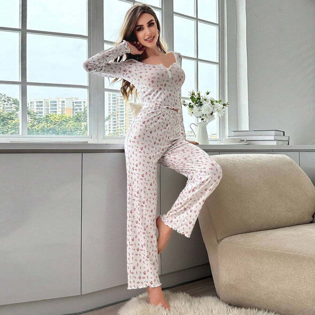 Autumn Winter Pajamas Set Women Sleepwear Floral Print Lettuce Trim Top with Long Pant Lovely Loungewear Full Sleeve Nightwear
