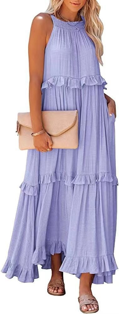 Elegant Women's Apricot Ruffle Edge Long Mop Floor Dresses Summer Fashion Hangin