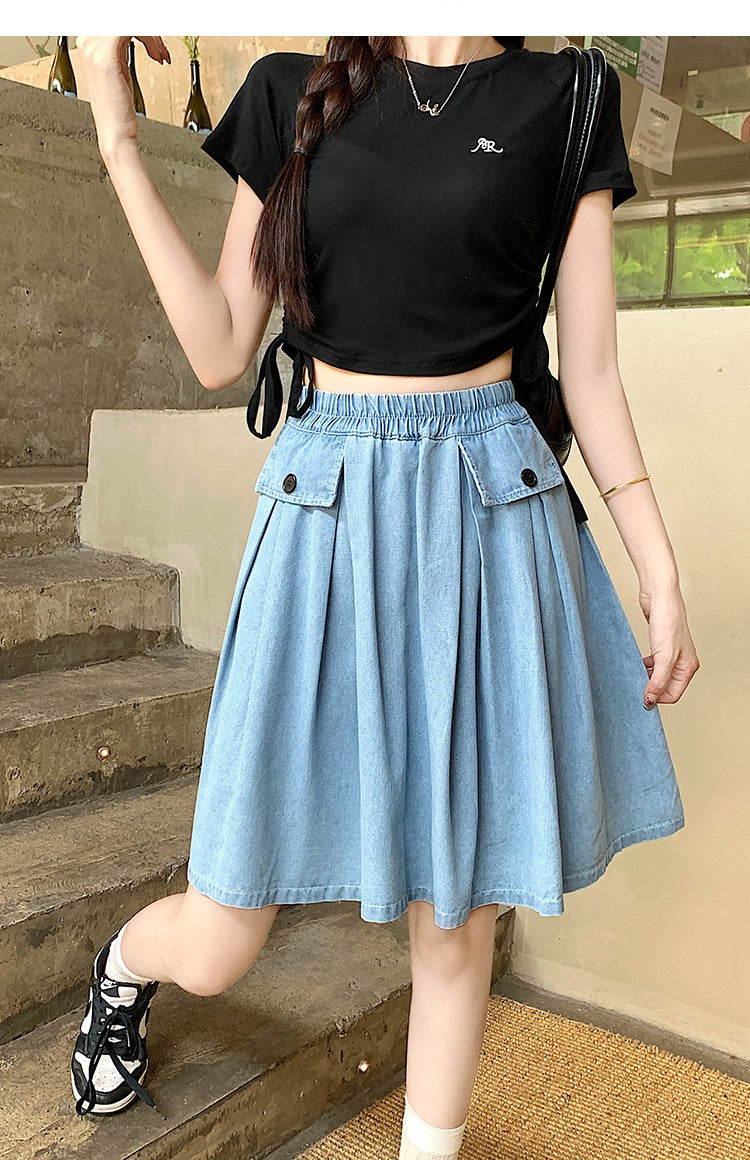 Casual Summer Plus Size Midi Denim Skirts Woman Preppy Loose A-line Ruffles Skirt With Shorts Elastic Waist Jeans Skirts Women