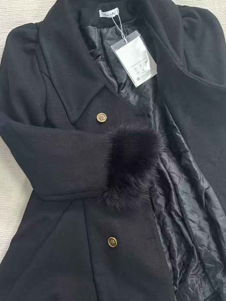 Winter Hepburn Black Fur Collar Woolen Coat French Style Vintage Blends Slim Mid-length Outwear Elegant Lolita Warm Outfits 2025