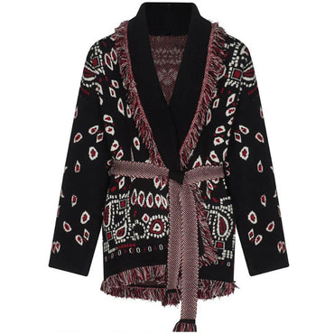 Knitted Print Lace-up Cardigan Coat Women's Elegant V-neck Tassels Full Sleeve Belted Sweaters 2025 Autumn New Ladies Outwear