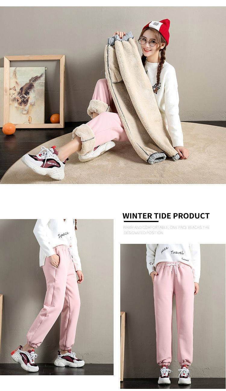 ??Women's Fleece Lined Joggers Winter Plush Pants High Waist Adjustable Drawstring Lounge Street Comfortable Casual Trousers??