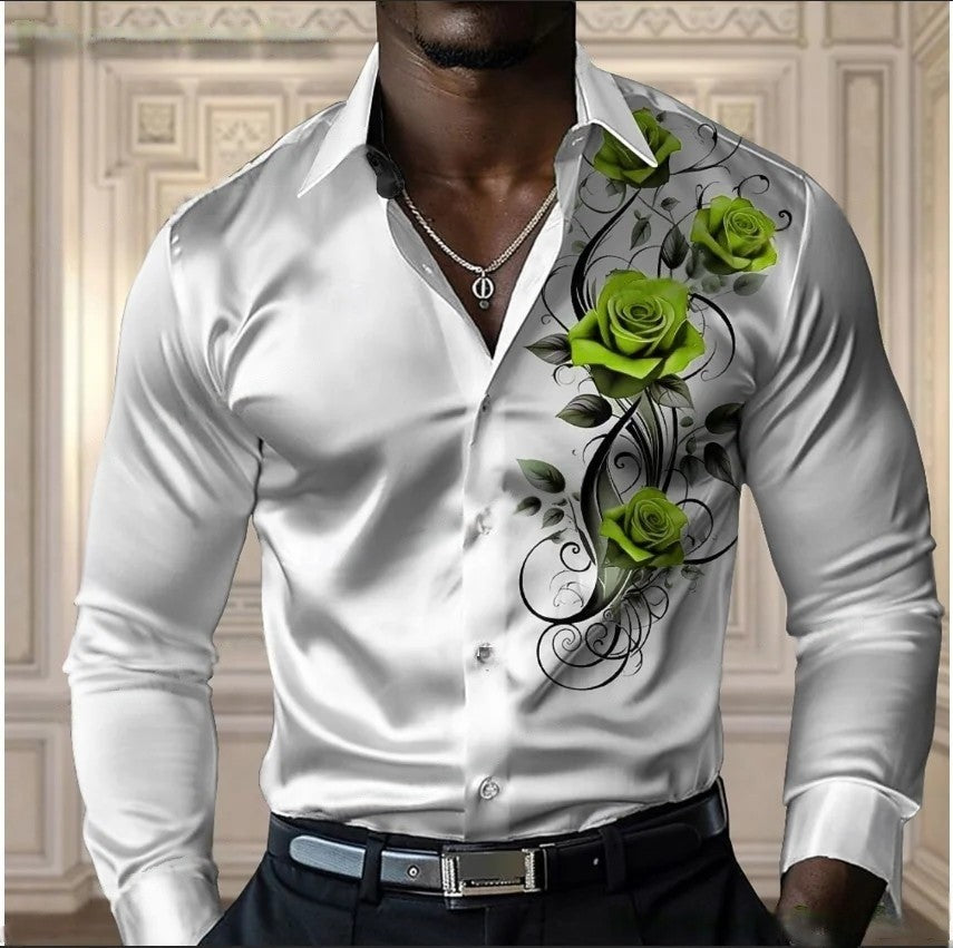 High-end men's rose shirt, casual and comfortable button-down long-sleeved shirt, fashionable four-season shirt, plus-size desig