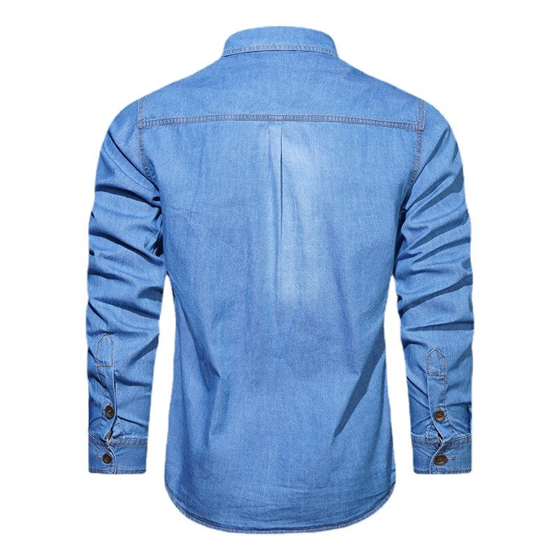 New Spring Men Outdoor Multi-pocket Denim Tooling Shirts Man Long-sleeved Denim
