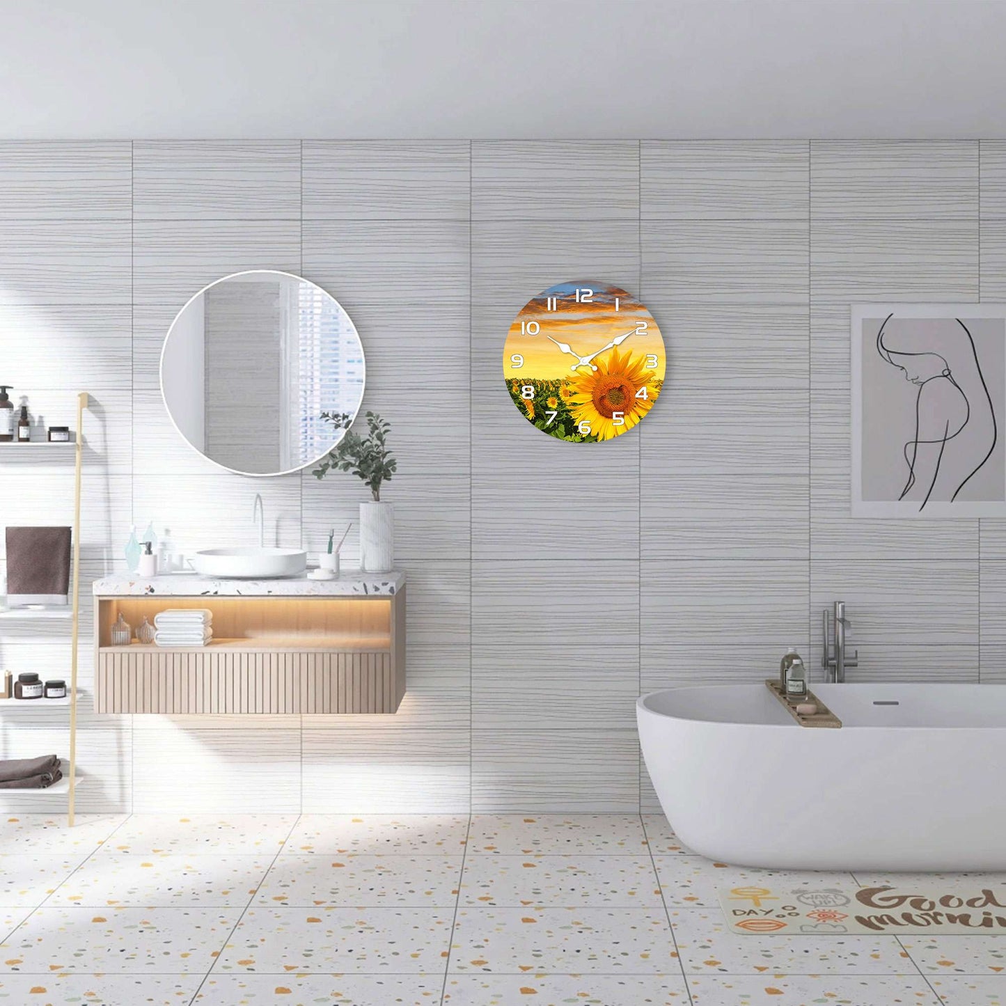 1pc wooden wall clock, Sunflower Garden design wall clock at sunset, round silent clock, for living room bedroom, room decoratio