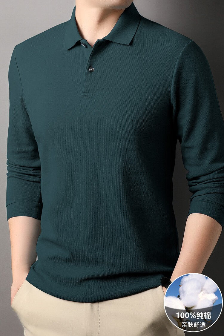 Durable 100% Cotton Men Polo Shirt,Autumn Leisure Long Sleeve, Breathable Lapels T-shirt, 16 Colors, Perfect for Golf and Sports