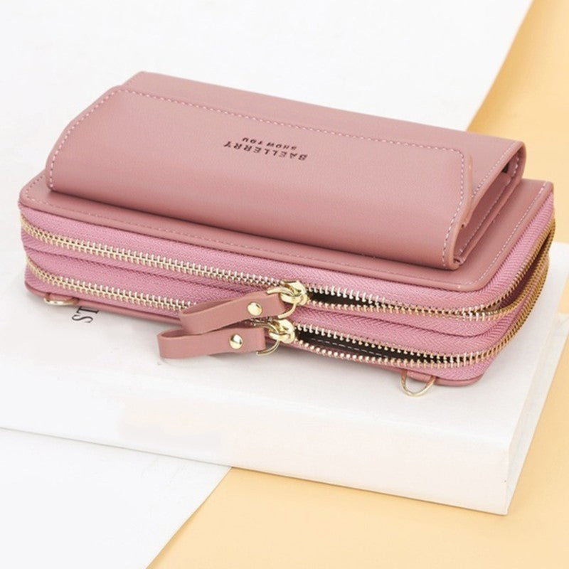 Women Long Wallet Korean Version Crossbody Bag Double Zipper Large Capacity Clutch Bag Shoulder Handbag Female Mobile Phone Bag
