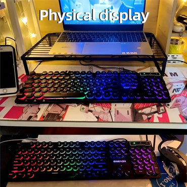Teclado Gamer EWEADN GX330 Typewriter, 104 Teclas Retro Punk com Teclas Redondas com Fio, com Luz de Fundo RGB, para PC Laptop Windows preto