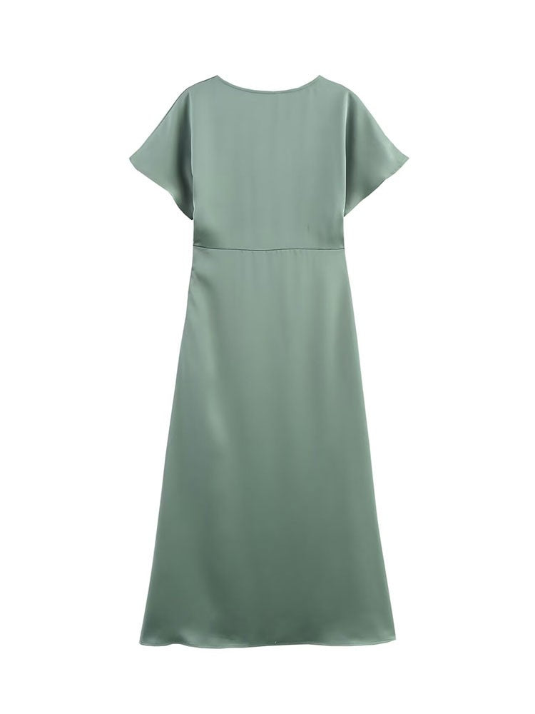 TRAFZA Women Elegant Solid Satin Dress Sexy V Neck Short Sleeve Midi Dress 2025