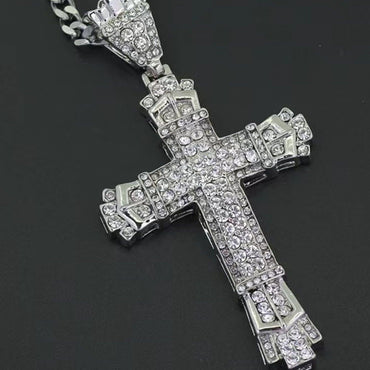 1 Simple Style MEN'S Rhinestone Christian Cross Rhinestone Pendant Necklace Personality Fashion Street Domineering Chain Jewelry