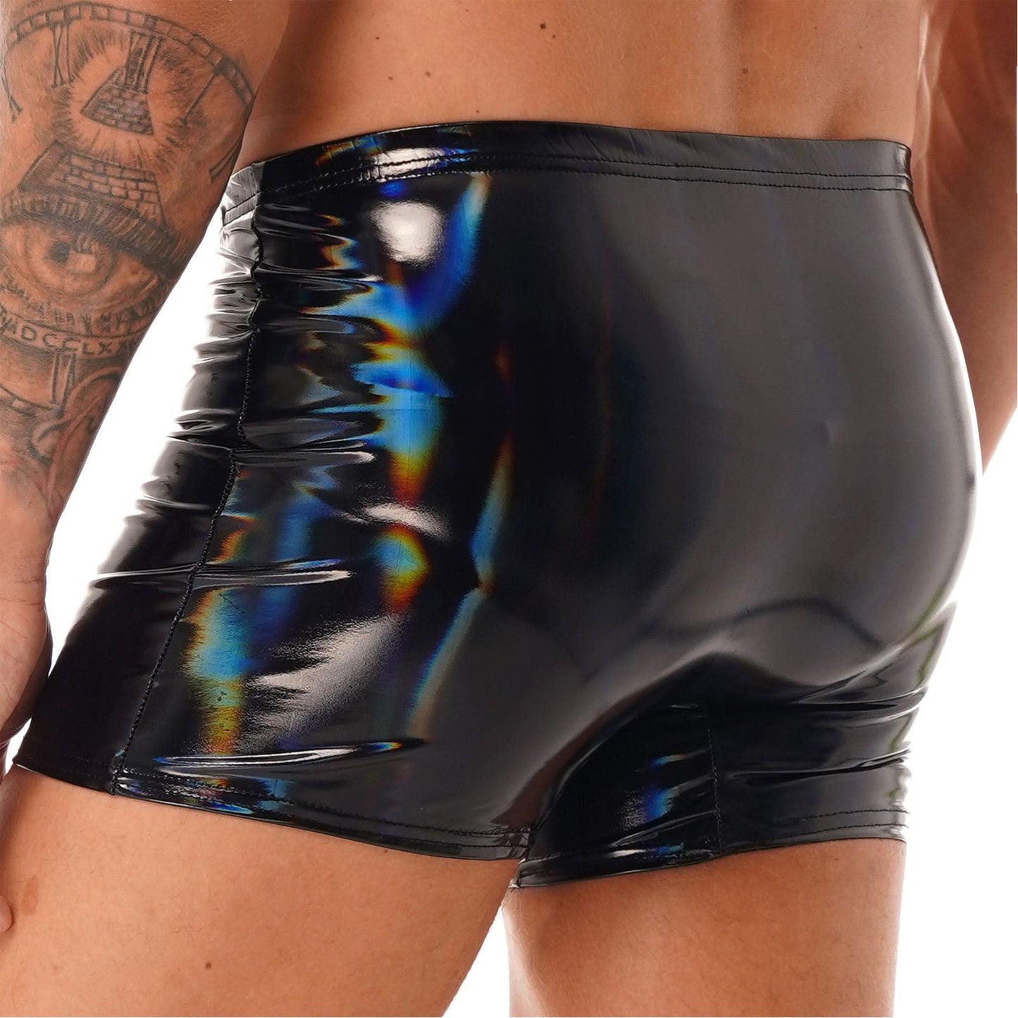 Mens Patent Leather Shorts Dance Performance Clubwear Wet Look Pants Elastic Waistband ShortsBulge Pouch Boxer Briefs Shorts
