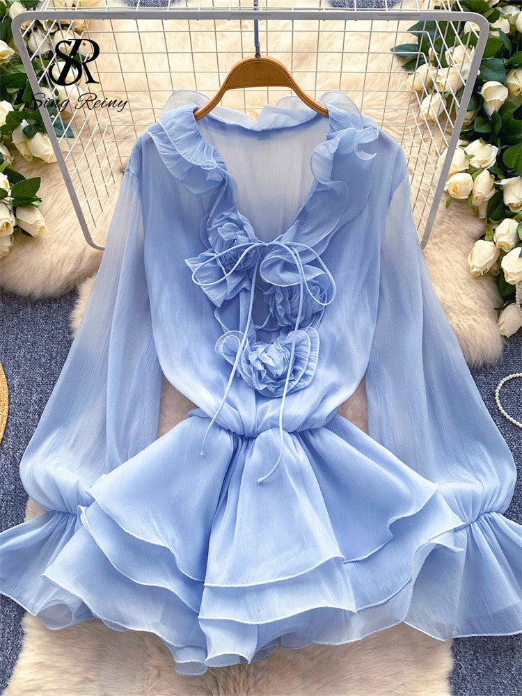 SINGREINY 3D Floral Beach Short Dress Female Long Sleeves Lace Up Ruffle Chiffon