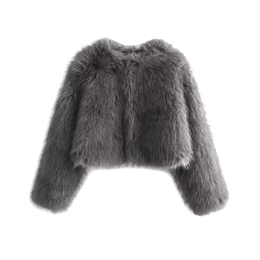 Women's Thick Warm Faux Fur Cropped Jacket, O Neck, Long Sleeve, Female Outerwear, Chic Tops, Fashion