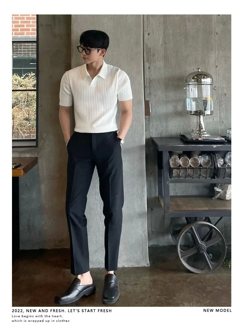 Trendy Polo Shirt For Men Summer Solid Color Top Versatile Knit Style Korean Short Sleeves Casual Fashion T-shirt