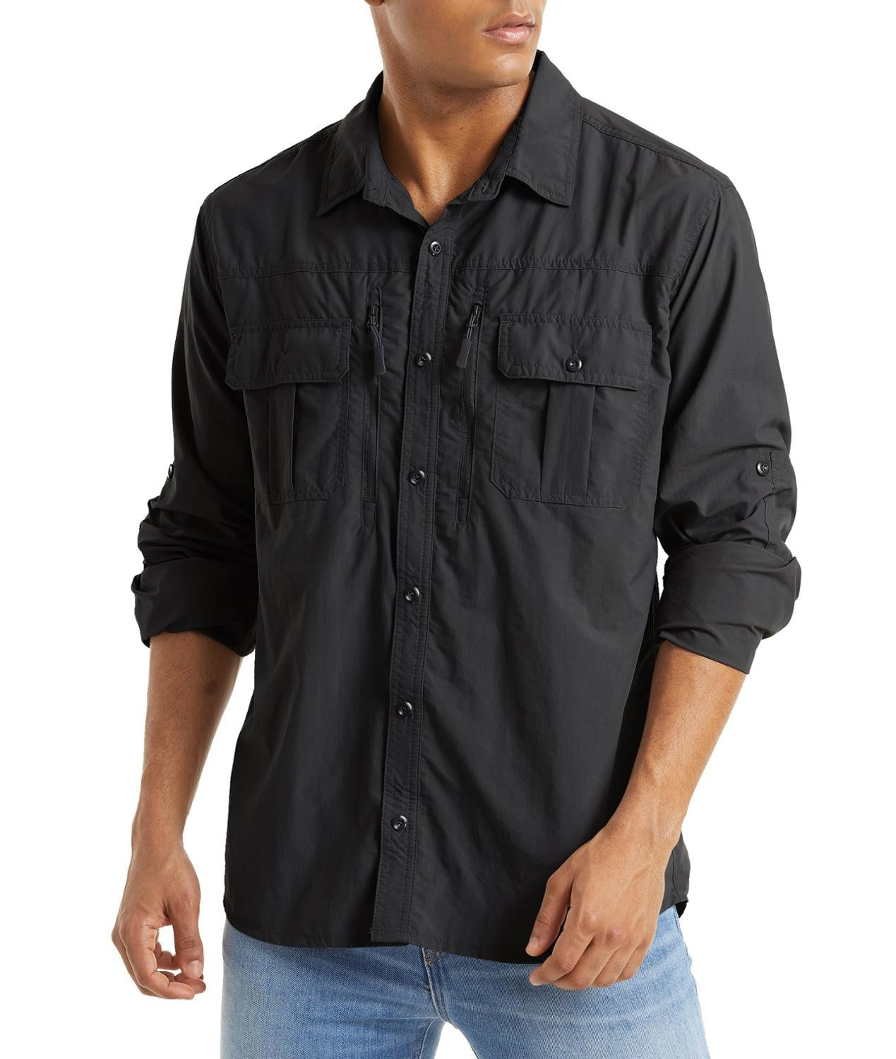 TACVASEN With 2 Chest Zipper Pockets Cargo Shirt Men's Quick Drying Skin Protective Long Sleeve Work Shirt Male Tops Outdoor