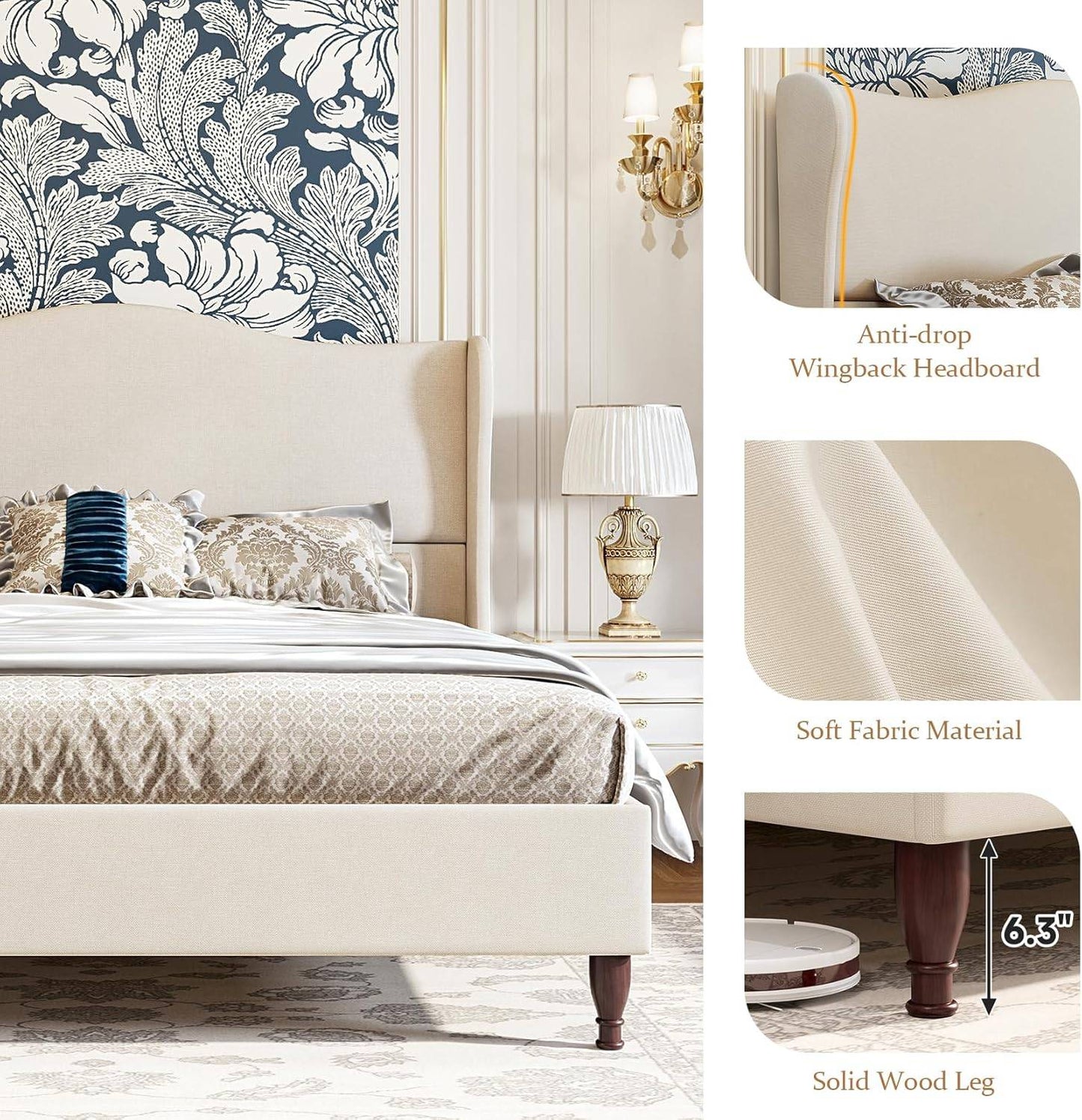 Queen Size Bed Frame Upholstered Platform Bed with 51" Tall Headboard Wingback, Soft Fabric, Retro Simple Style Platform