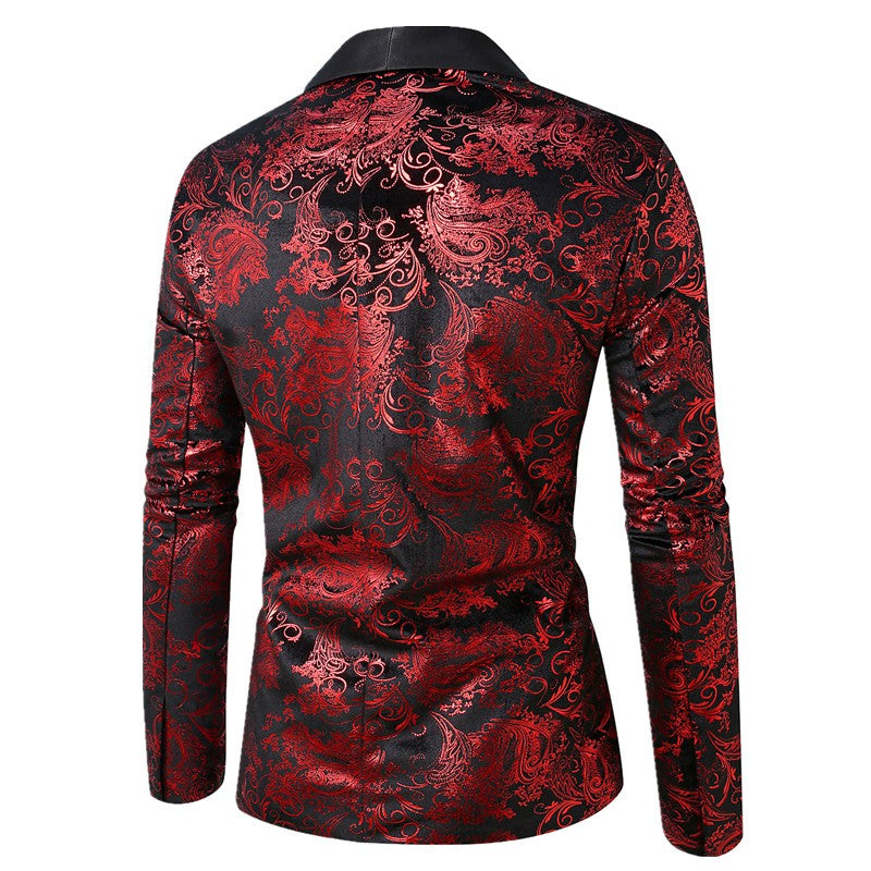 Men's Purple Print Suit Jacket Burgundy Long Sleeve Black Collar Single Button Coat for Wedding Party Stage Performance