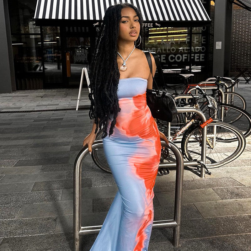 Sexy Strapless Print Tube Maxi Dress Women Off Shoulder Backless Stretch Long Su