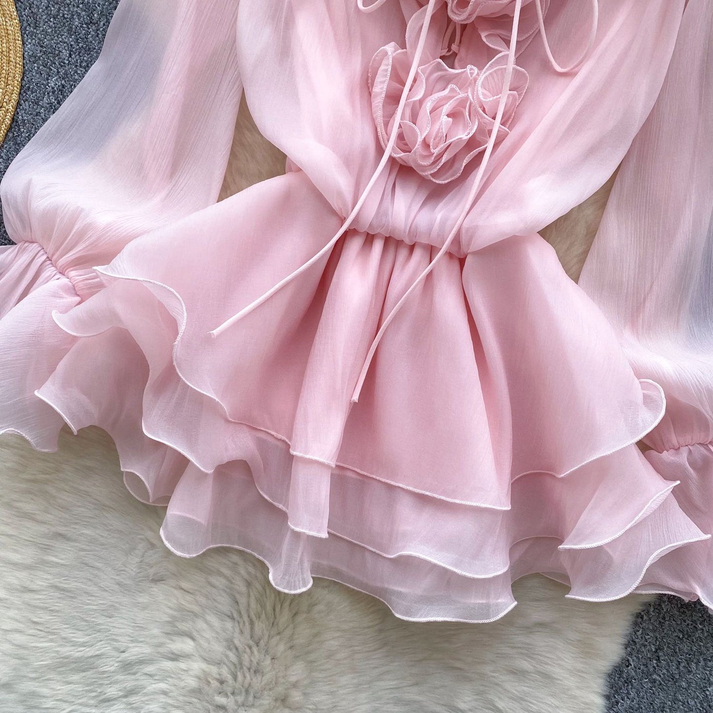 SINGREINY 3D Floral Beach Short Dress Female Long Sleeves Lace Up Ruffle Chiffon