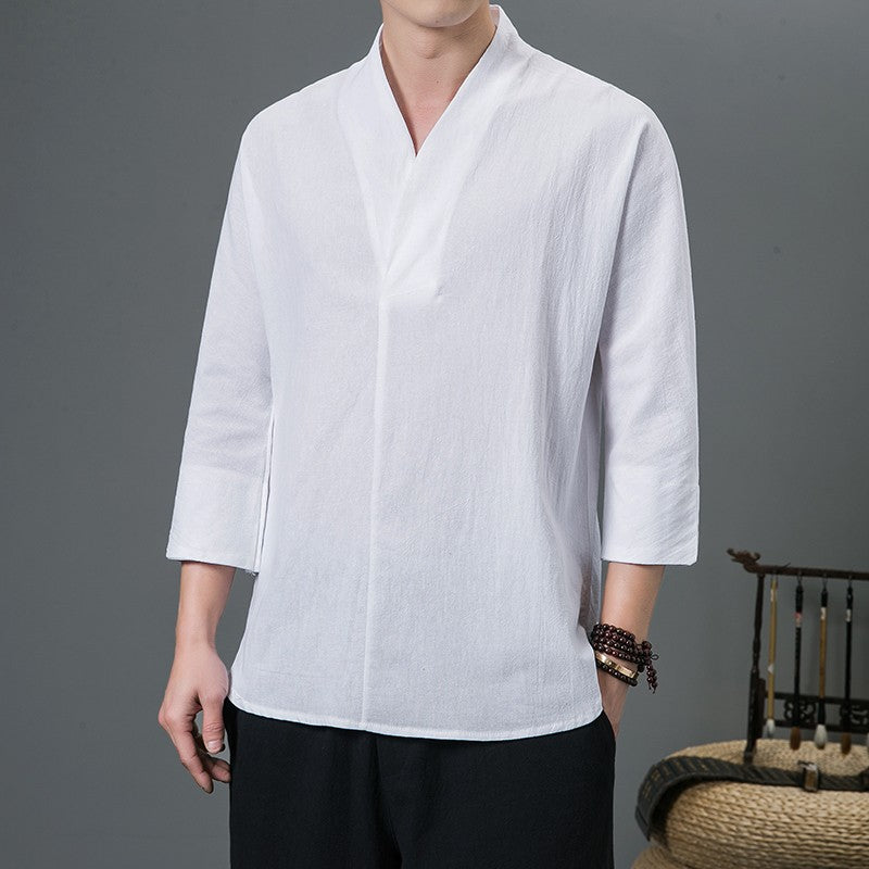Shirts Men Solid Pullover V Neck Three Quarter Mens Kimono Shirts Traditional Streetwear Blouse Chinese Style Linen Shirts Man