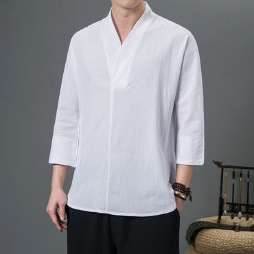 Shirts Men Solid Pullover V Neck Three Quarter Mens Kimono Shirts Traditional Streetwear Blouse Chinese Style Linen Shirts Man