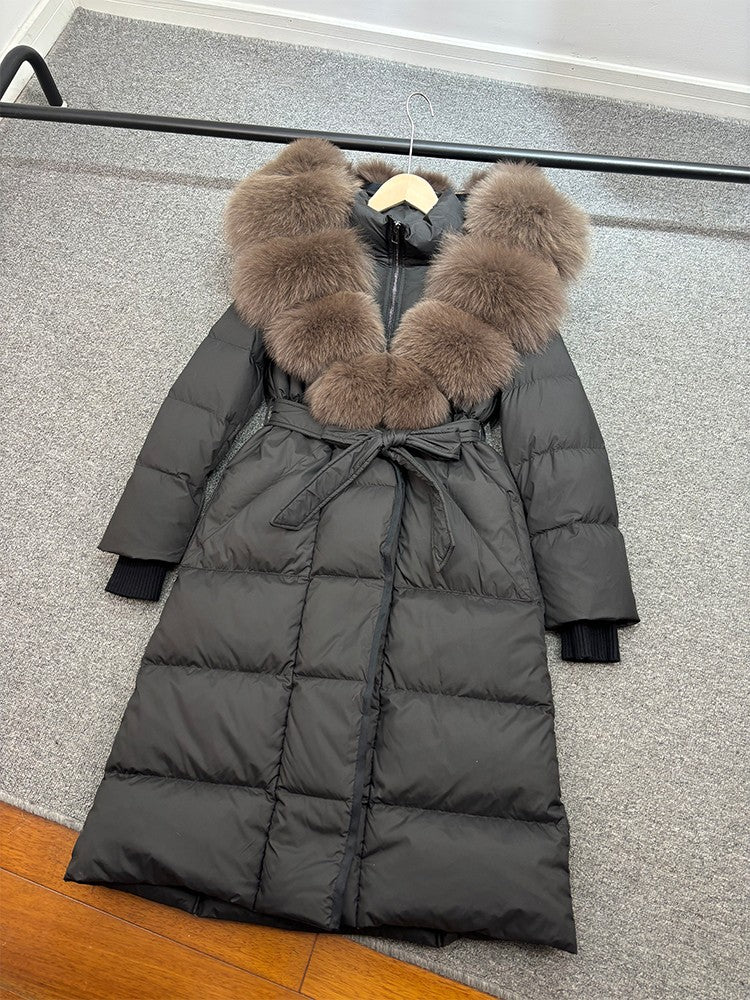 Janveny New Winter Long Hooded Puffer Jacket Women Warm Thickened Real Fox Fur Collar White Goose Down Jacket Waterproof Parkas