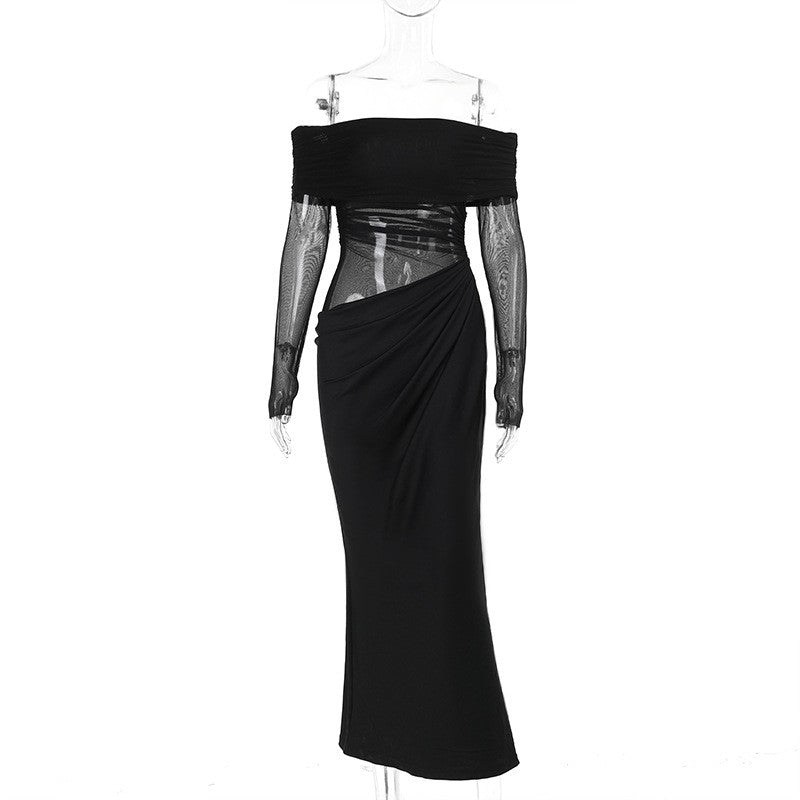 Y2k Summer New Solid Color Long Sleeve Off Shoulder Dresses Sexy Wrap Hip Mesh S