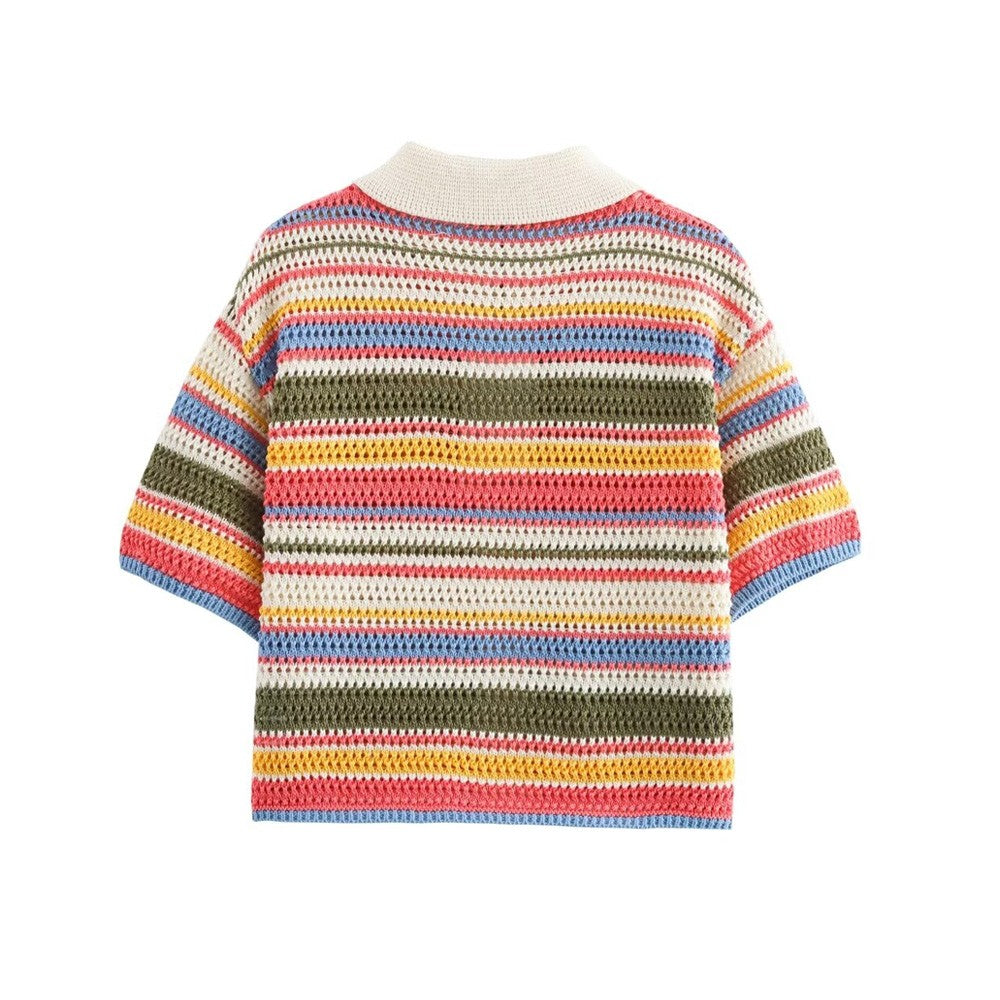 TRZA-Women's Striped Crochet Knit Crop Sweater, Polo Collar, Short Sleeve, Button-up, Female Outerwear, Chic Tops, Fashion