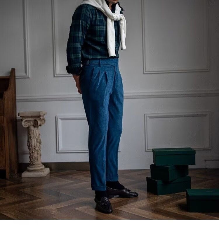 Italian Style Corduroy Naples Suit Pants Men High-waisted Adjustable Belt Straight Trousers Autumn England Business Casual Pant