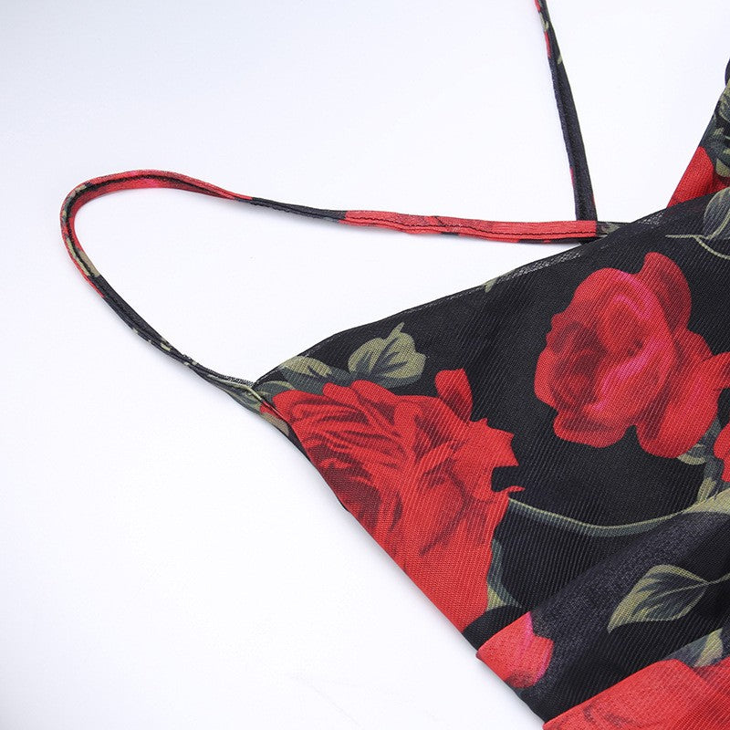 Flowers Print Spaghetti Strap Dresses Women Temperament Package Hip Bodycon Long