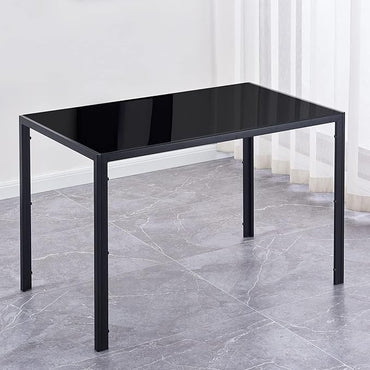 Modern Rectangular Dining Table with Black Glass Top, Steel Frame, Seats 4, Easy to Clean, Ideal for Kitchen Use