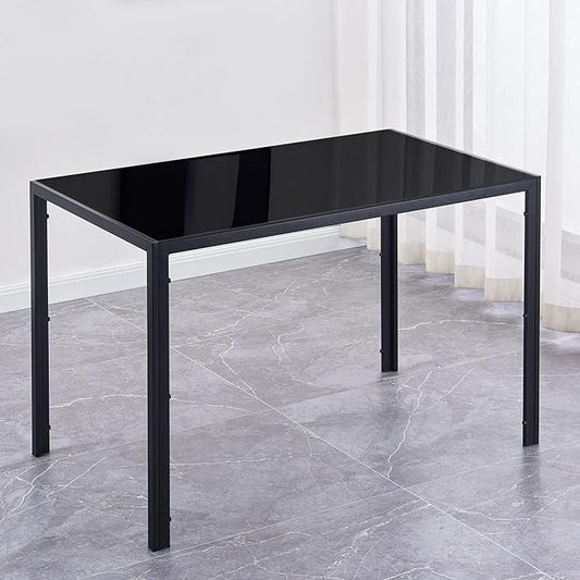 Modern Rectangular Dining Table with Black Glass Top, Steel Frame, Seats 4, Easy to Clean, Ideal for Kitchen Use