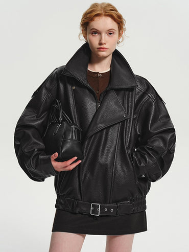 Lautaro Spring Autumn Cool Brown Oversized Pu Leather Jacket Women Long Sleeve Zip Up Luxury Designer American Retro Clothing