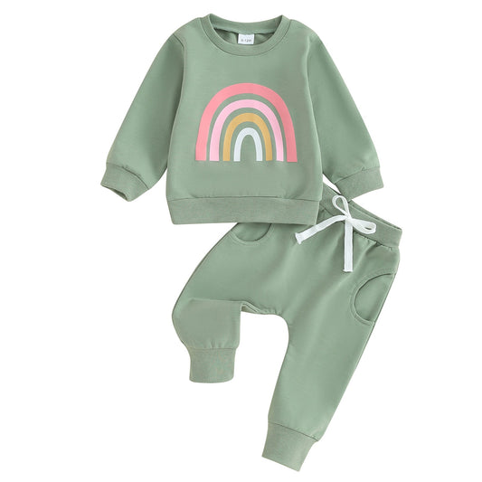 Pudcoco Infant 2PCS Baby Girls Fall Outfits Long Sleeve Rainbow Print Sweatshirt + Pants Set Toddler Clothes 3M-3T