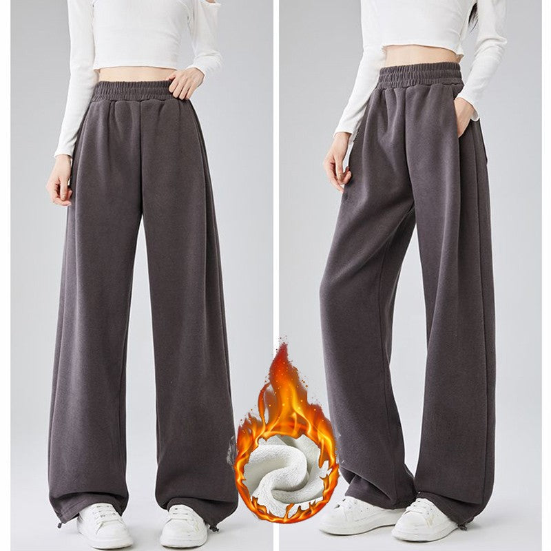 Winter Lady Snow Warm Thin Straight Leg Pants Girls Classic Daily Plush Trousers Women High Waist Thermal Fleece Pants