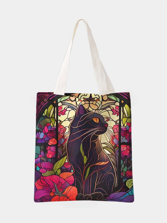 Black cat pattern printed casual handbag, reusable fashionable backpack, multifunctional handbag, canvas shopping bag