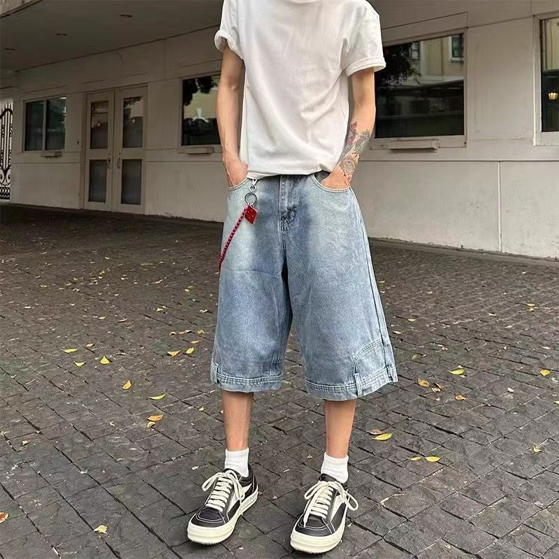 Hip Hop Retro Waist Inverted Design Men Denim Shorts Instagram Gothic Street Apparel Loose Straight Leg Pants Sports Pants