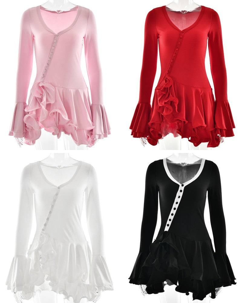 Absobe Women's A-Line Bodycon Mini Dress Ruffle Hem V-Neck Asymmetrical Buttons